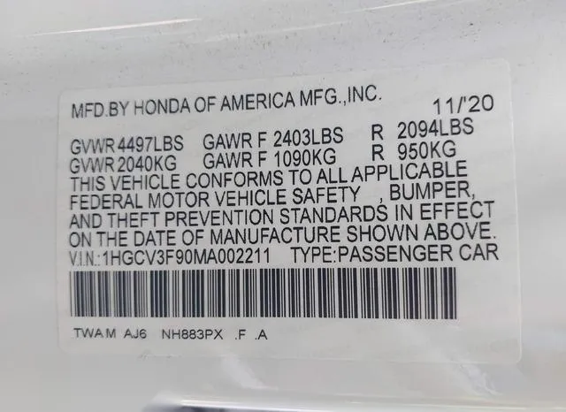 1HGCV3F90MA002211 2021 2021 Honda Accord- Hybrid Touring 9