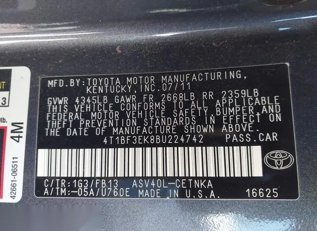 4T1BF3EK8BU224742 2011 2011 Toyota Camry- LE 9