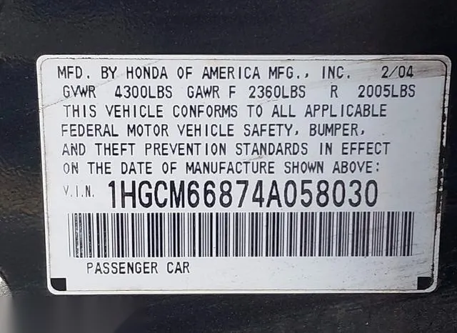 1HGCM66874A058030 2004 2004 Honda Accord- 3-0 EX 9