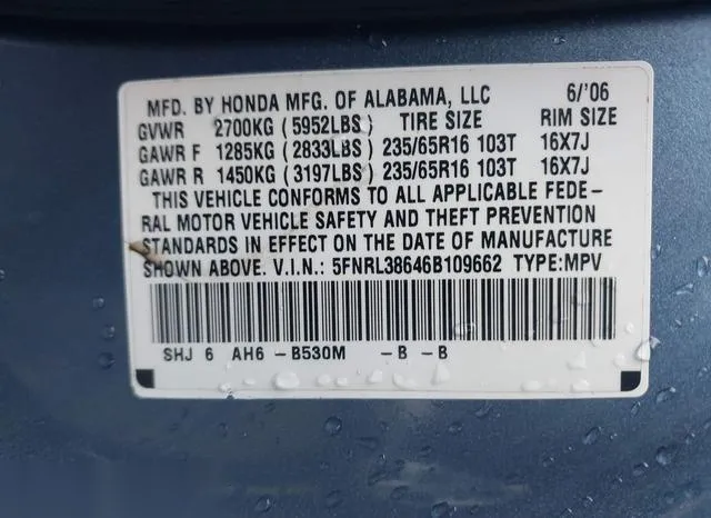 5FNRL38646B109662 2006 2006 Honda Odyssey- Ex-L 9