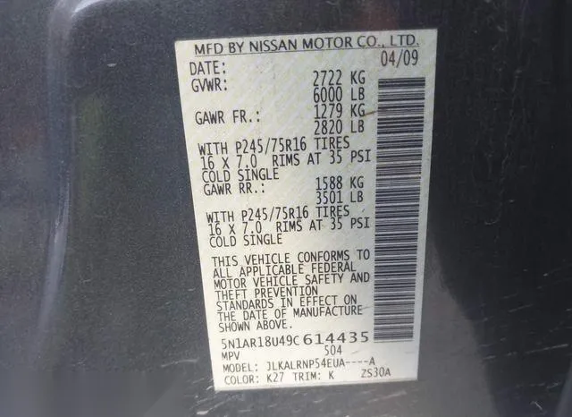 5N1AR18U49C614435 2009 2009 Nissan Pathfinder- S 9