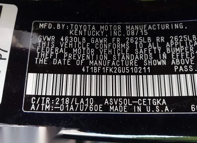 4T1BF1FK2GU510211 2016 2016 Toyota Camry- Xle 9