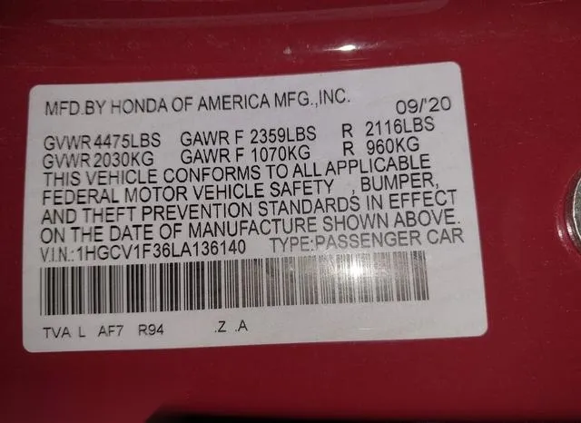 1HGCV1F36LA136140 2020 2020 Honda Accord- Sport 9