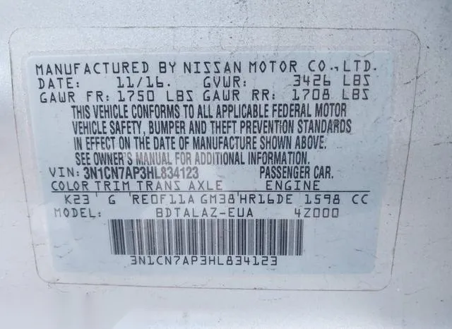 3N1CN7AP3HL834123 2017 2017 Nissan Versa- 1-6 S- 9