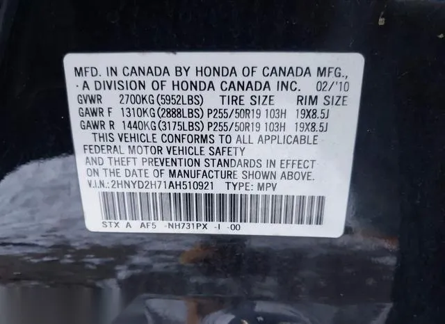 2HNYD2H71AH510921 2010 2010 Acura MDX- Advance Package 9