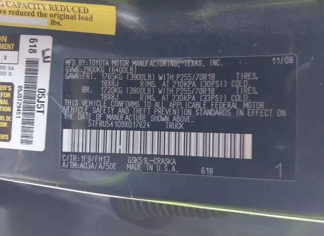 5TFRU54109X017624 2009 2009 Toyota Tundra- Grade V6 9