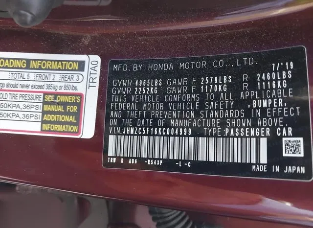 JHMZC5F16KC004999 2019 2019 Honda Clarity- Plug-In Hybrid 9