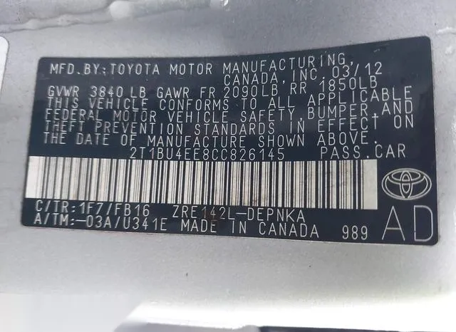 2T1BU4EE8CC826145 2012 2012 Toyota Corolla- LE 9