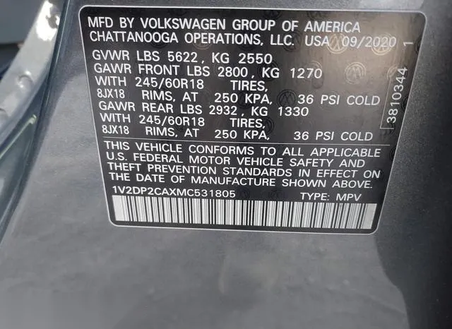 1V2DP2CAXMC531805 2021 2021 Volkswagen Atlas- 2-0T Se 9