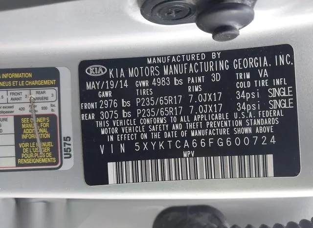 5XYKTCA66FG600724 2015 2015 KIA Sorento- LX 9