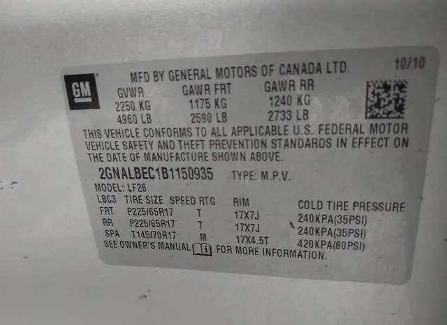 2GNALBEC1B1150935 2011 2011 Chevrolet Equinox- LS 9