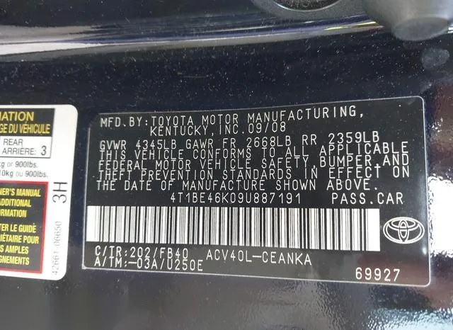 4T1BE46K09U887191 2009 2009 Toyota Camry- LE 9