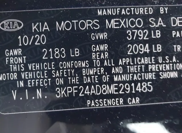 3KPF24AD8ME291485 2021 2021 KIA Forte- Lxs 9