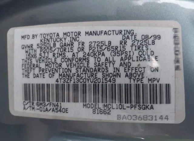 4T3ZF13C0YU201549 2000 2000 Toyota Sienna- LE 9