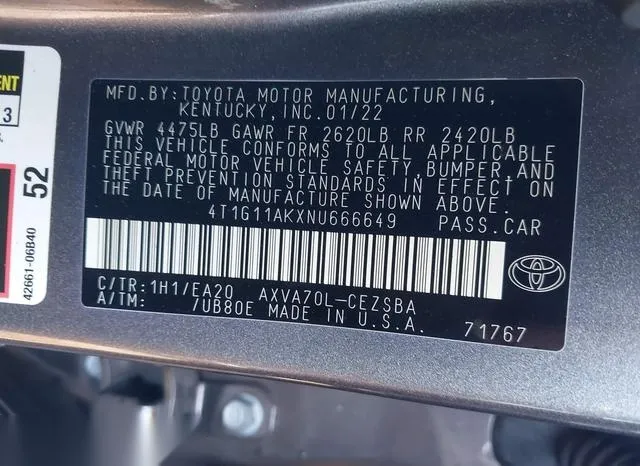 4T1G11AKXNU666649 2022 2022 Toyota Camry- SE 9