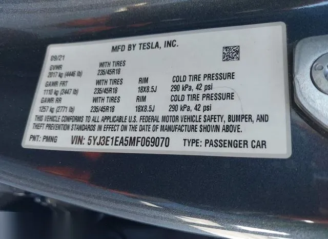 5YJ3E1EA5MF069070 2021 2021 Tesla Model 3- Standard Range P 9