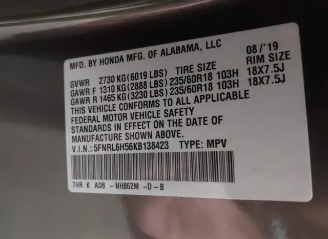 5FNRL6H56KB138423 2019 2019 Honda Odyssey- EX 9