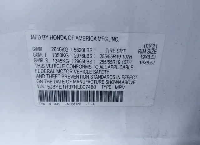 5J8YE1H37NL007480 2022 2022 Acura MDX- Standard 9