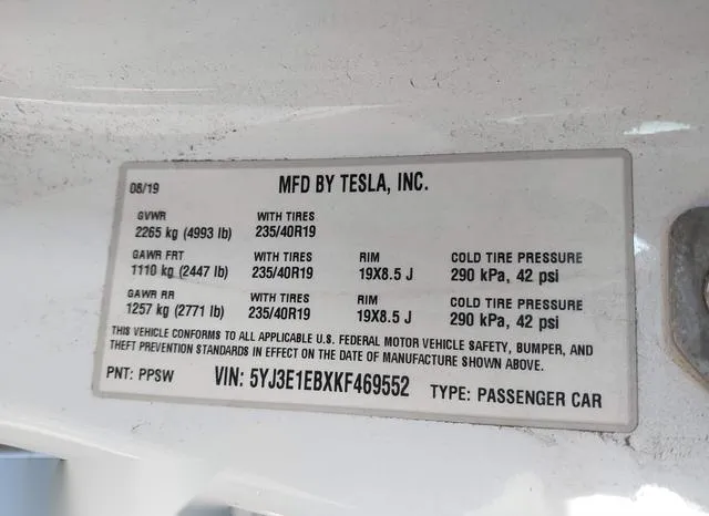 5YJ3E1EBXKF469552 2019 2019 Tesla Model 3- Long Range/Perfo 9