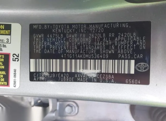 4T1G11AK0MU536409 2021 2021 Toyota Camry- SE 9