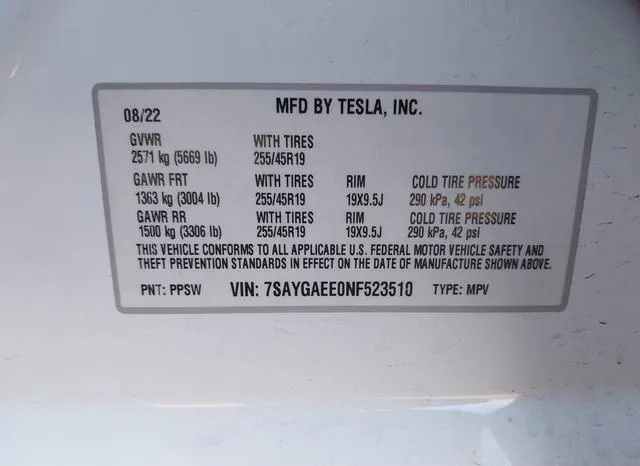 7SAYGAEE0NF523510 2022 2022 Tesla Model Y- Long Range Dual 9