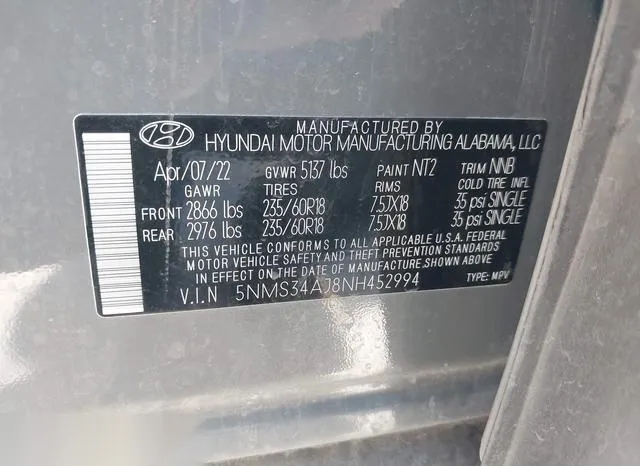 5NMS34AJ8NH452994 2022 2022 Hyundai Santa Fe- Sel 9