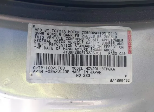 JT8BF28G510326381 2001 2001 Lexus ES- 300 9