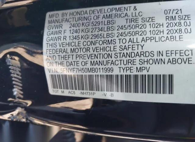 5FNYF7H50MB011999 2021 2021 Honda Passport- 2Wd Ex-L 9