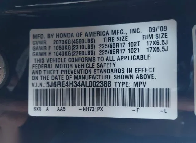 5J6RE4H34AL002388 2010 2010 Honda CR-V- LX 9