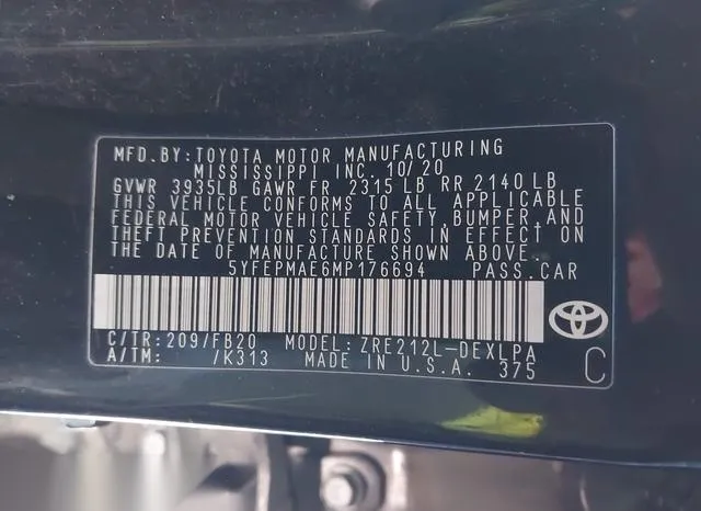 5YFEPMAE6MP176694 2021 2021 Toyota Corolla- LE 9