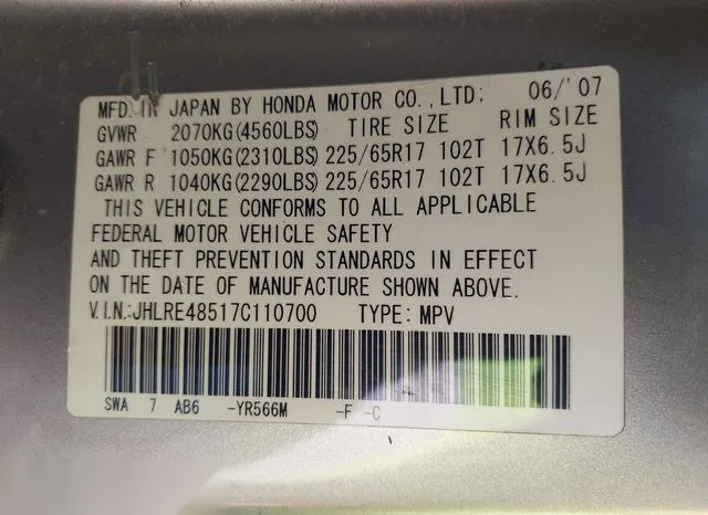 JHLRE48517C110700 2007 2007 Honda CR-V- EX 9