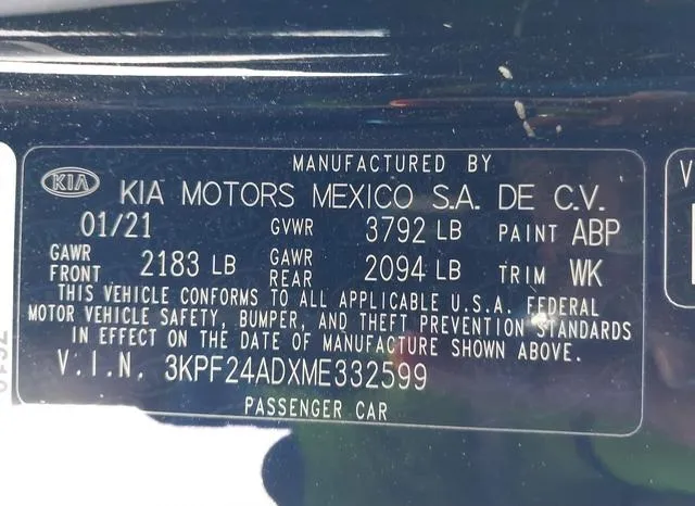 3KPF24ADXME332599 2021 2021 KIA Forte- Lxs 9