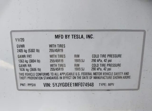 5YJYGDEE1MF074948 2021 2021 Tesla Model Y- Long Range Dual 9