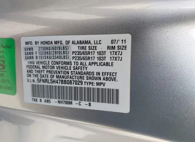 5FNRL5H47BB087029 2011 2011 Honda Odyssey- EX 9