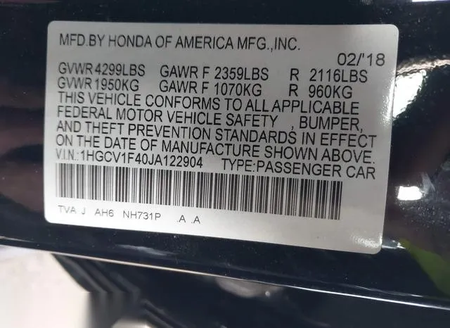 1HGCV1F40JA122904 2018 2018 Honda Accord- EX 9