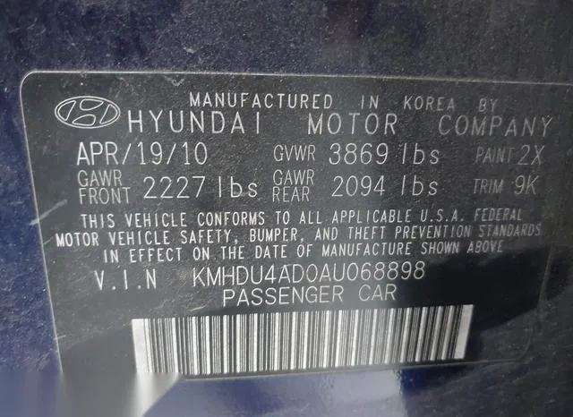 KMHDU4AD0AU068898 2010 2010 Hyundai Elantra- Gls 9