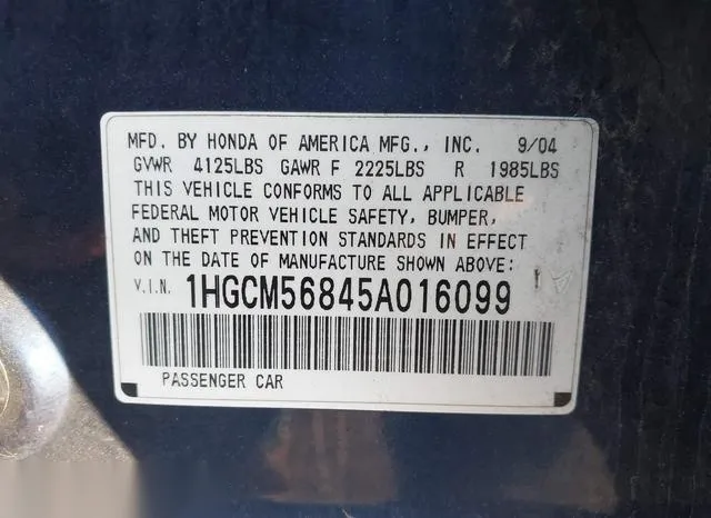 1HGCM56845A016099 2005 2005 Honda Accord- 2-4 EX 9