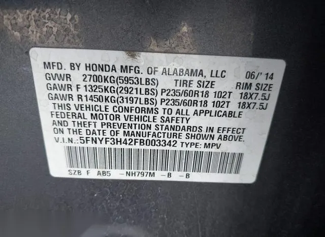 5FNYF3H42FB003342 2015 2015 Honda Pilot- EX 9