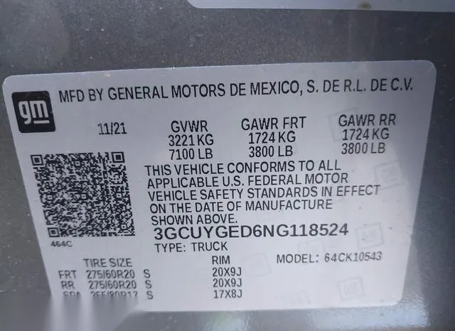 3GCUYGED6NG118524 2022 2022 Chevrolet Silverado 1500- 4Wd 9