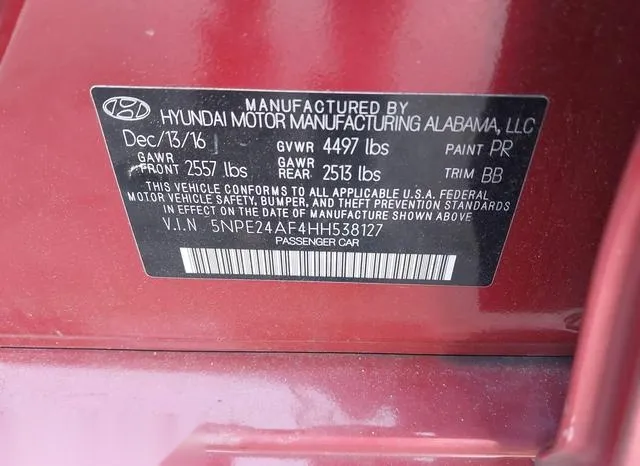 5NPE24AF4HH538127 2017 2017 Hyundai Sonata- SE 9