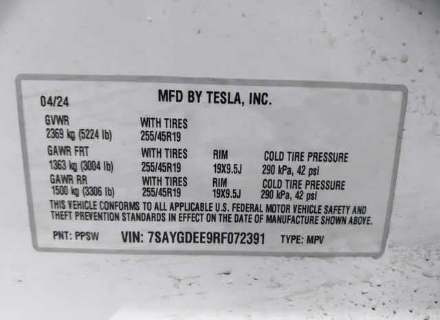 7SAYGDEE9RF072391 2024 2024 Tesla Model Y- Long Range Dual 9