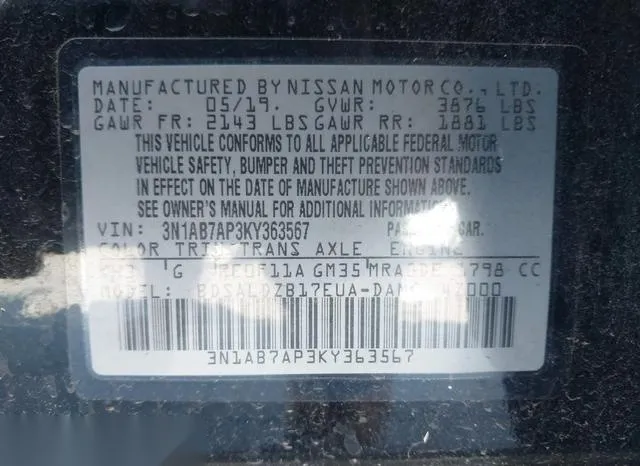 3N1AB7AP3KY363567 2019 2019 Nissan Sentra- SV 9