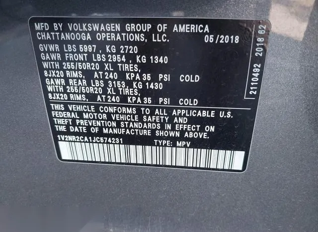 1V2NR2CA1JC574231 2018 2018 Volkswagen Atlas- 3-6L V6 Sel P 9