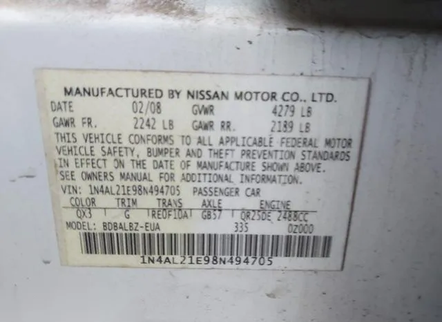 1N4AL21E98N494705 2008 2008 Nissan Altima- 2-5 S 9