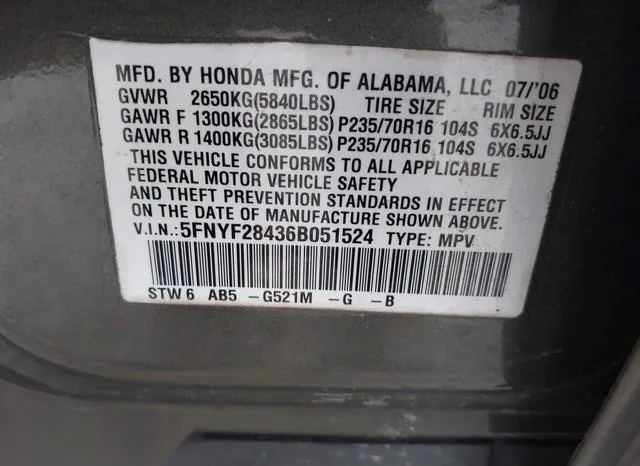 5FNYF28436B051524 2006 2006 Honda Pilot- EX 9