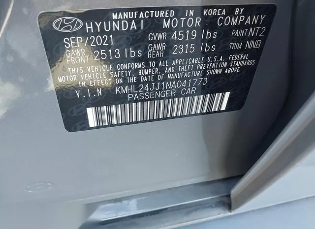 KMHL24JJ1NA041773 2022 2022 Hyundai Sonata- Hybrid Blue 9