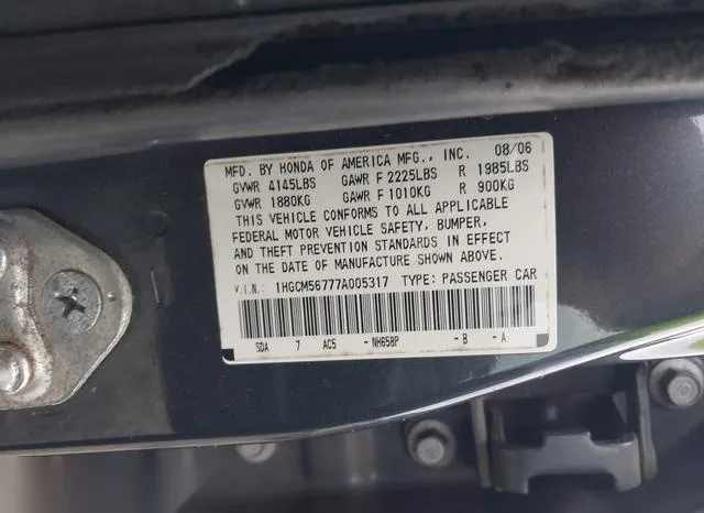 1HGCM56777A005317 2007 2007 Honda Accord- 2-4 EX 9