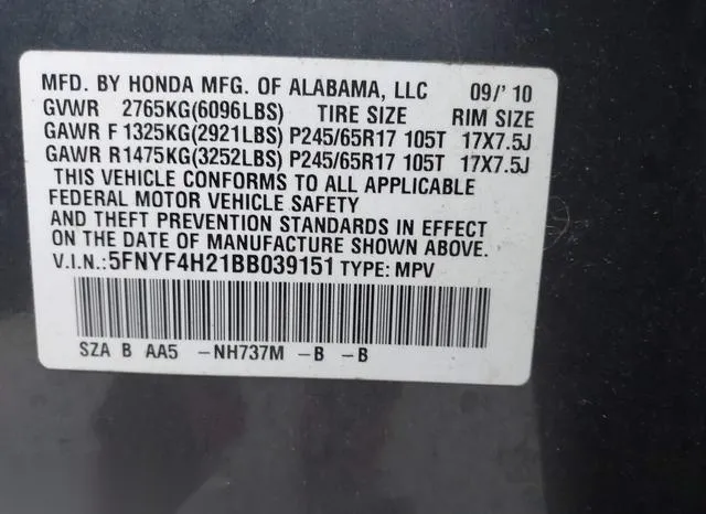 5FNYF4H21BB039151 2011 2011 Honda Pilot- LX 9