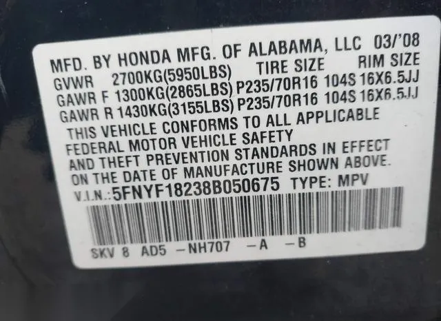 5FNYF18238B050675 2008 2008 Honda Pilot- VP 9