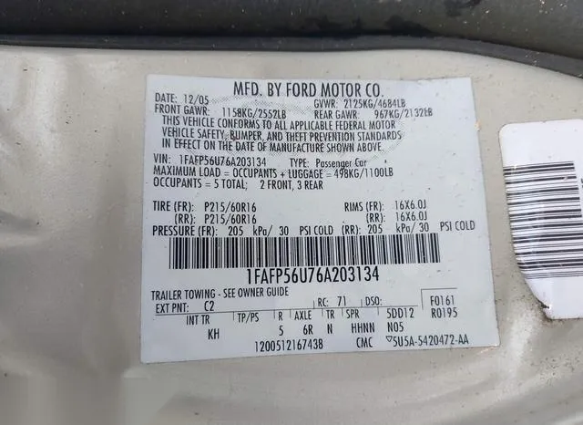 1FAFP56U76A203134 2006 2006 Ford Taurus- Sel 9